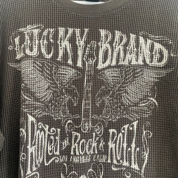Lucky Brand Thermal Shirt Men L Brown Waffle Knit Stretch Moto Rooted Rock Roll - Picture 7 of 8